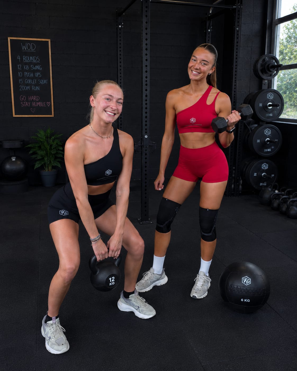 Vêtements sport guerrier VKG — duo féminin en salle de sport, ensemble Valkyrie noir et rouge bordeaux