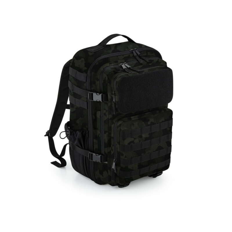 Sac à dos militaire 35L VKG camo noir — système Molle, poche Rip-Strip, compartiment PC 17 pouces — vue face